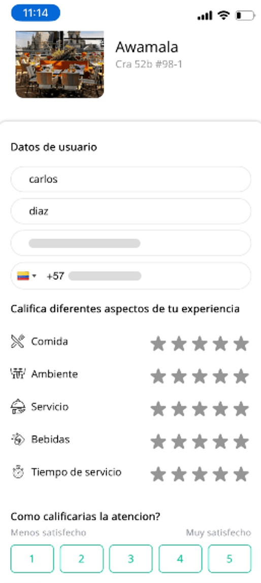 Encuesta de satisfacción de Apparta en el celular: calificación de comida, ambiente, servicio y atención (datos de contacto enmascarados)