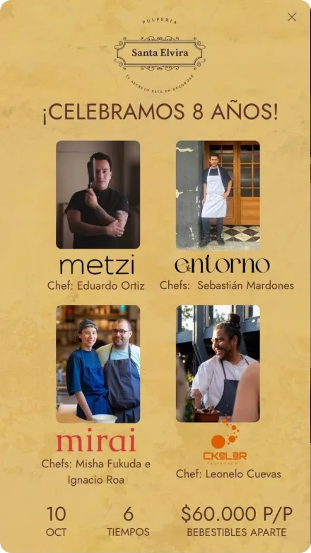Evento publicado en Apparta: cena de aniversario con chefs invitados, fecha y precio por persona