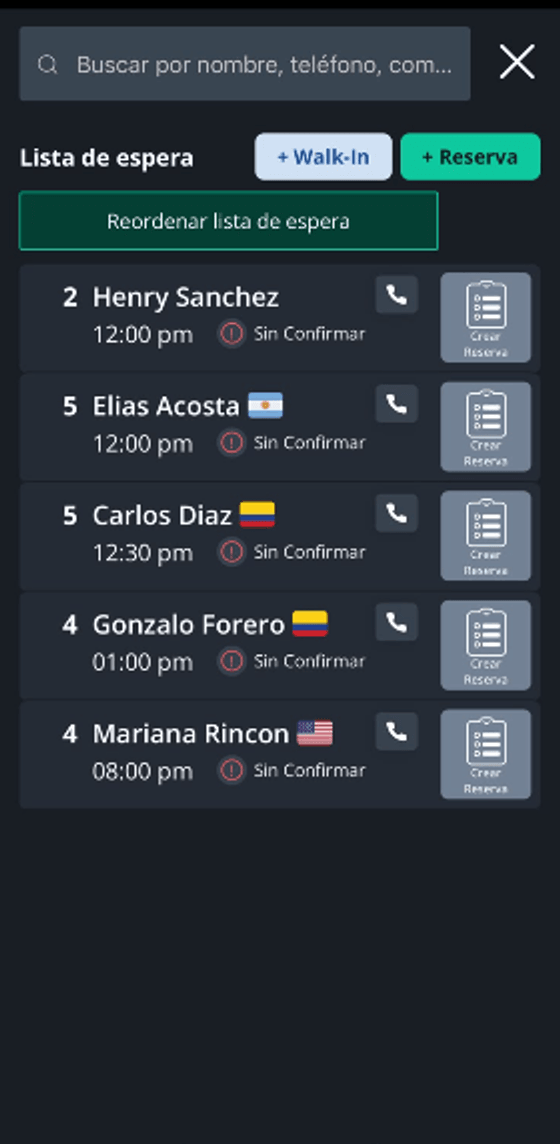 Lista de espera de Apparta: clientes en orden de llegada con hora y estado de confirmación