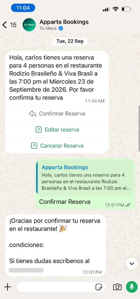 Notificación automática de reserva por WhatsApp: confirmación con botones para confirmar, editar o cancelar