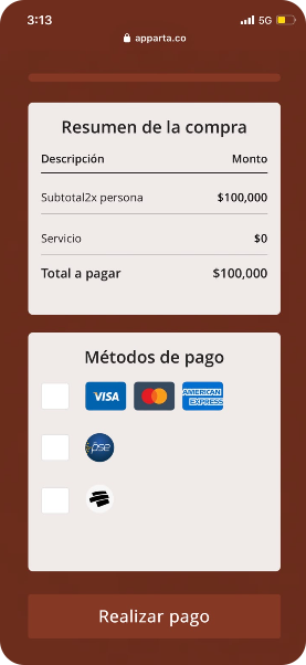 Pago de una reserva en Apparta desde el celular: resumen de la compra y métodos de pago