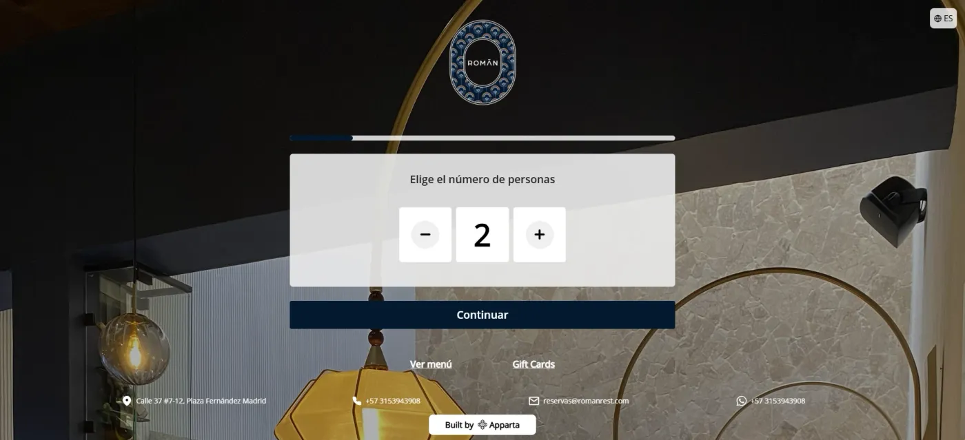 Flujo de reserva online de un restaurante con Apparta: elegir número de personas y continuar